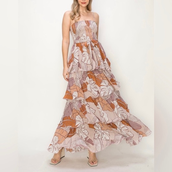 Sleeveless Smocked Tiered Leaf Print Multicolor Maxi Dress - Picture 1 of 5